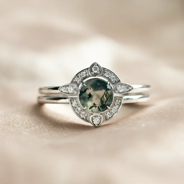 Moss agate and diamonds engagement ring set BRISTOL Image