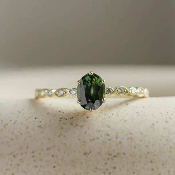 Vintage engagement ring with green sapphire and diamonds MADDIE Image