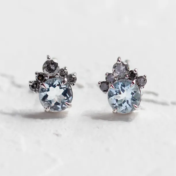 Gold aquamarine and salt &amp; pepper diamond earrings BELLA Image