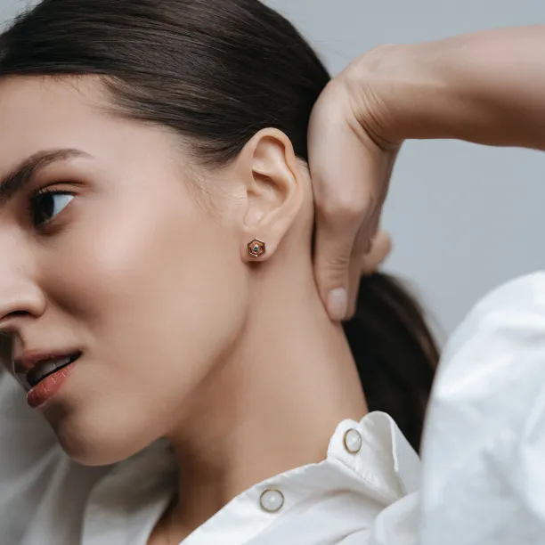 Gold hexagonal earrings with removable gemstone SAM Image