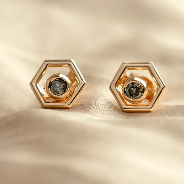 Gold hexagonal earrings with removable gemstone SAM Image