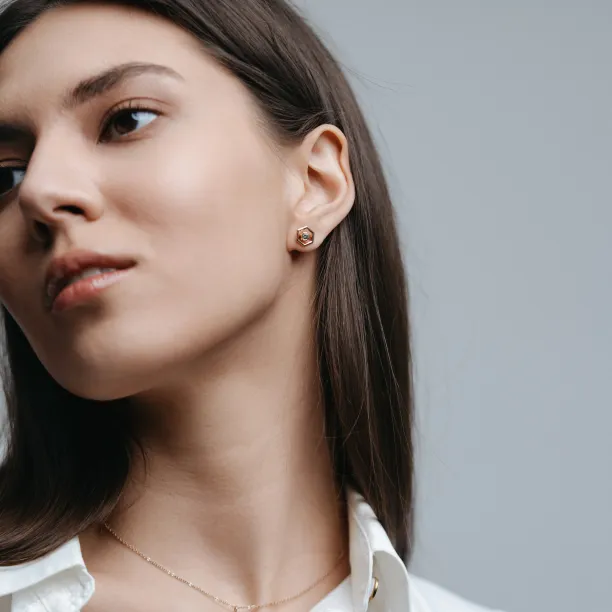 Gold hexagonal earrings with removable gemstone SAM Image