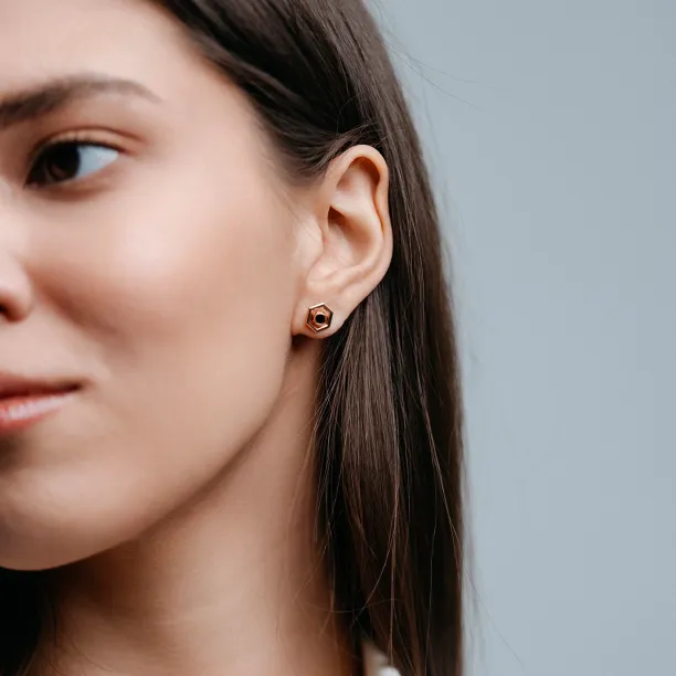 Gold hexagonal earrings with removable gemstone SAM Image