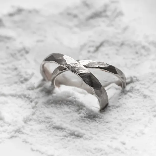 Matte platinum wedding bands with hammered surface ETA Image