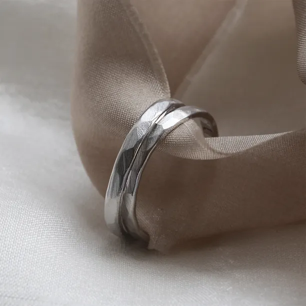 Matte platinum wedding bands with hammered surface ETA Image