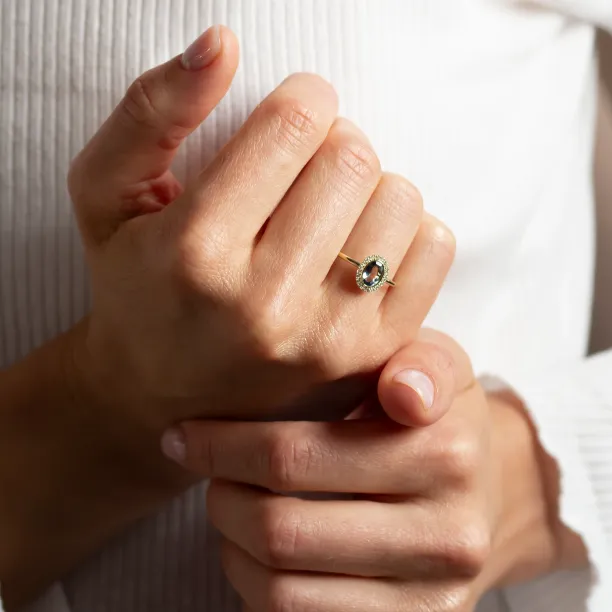 Diamond halo teal sapphire engagement ring ZARITA Image