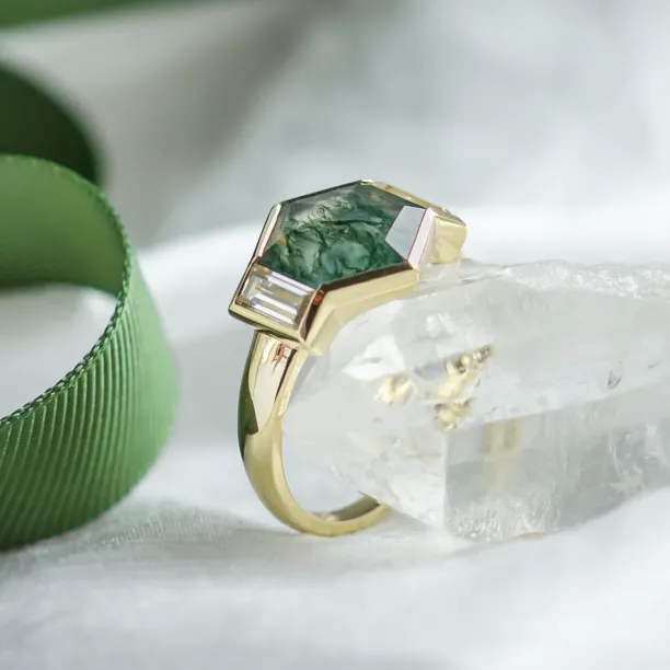 Original ring with moss agate and moissanites CALEN Image