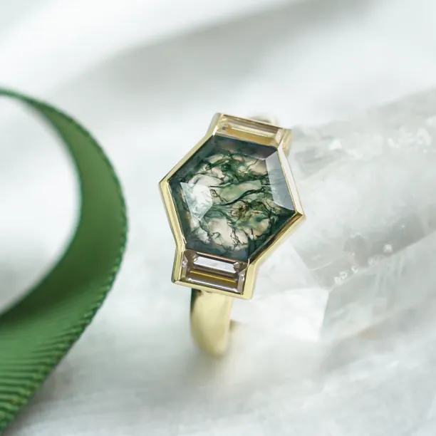 Original ring with moss agate and moissanites CALEN Image