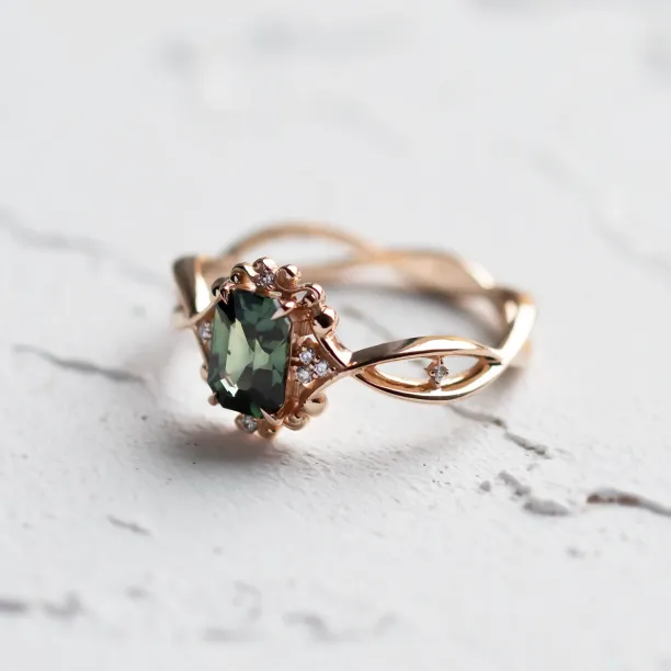 Unique vintage gold ring with green sapphire and diamonds BAROQUE Image