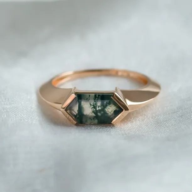 Original east west ring with trendy solid bezel and hexagonal moss agate SEI Image