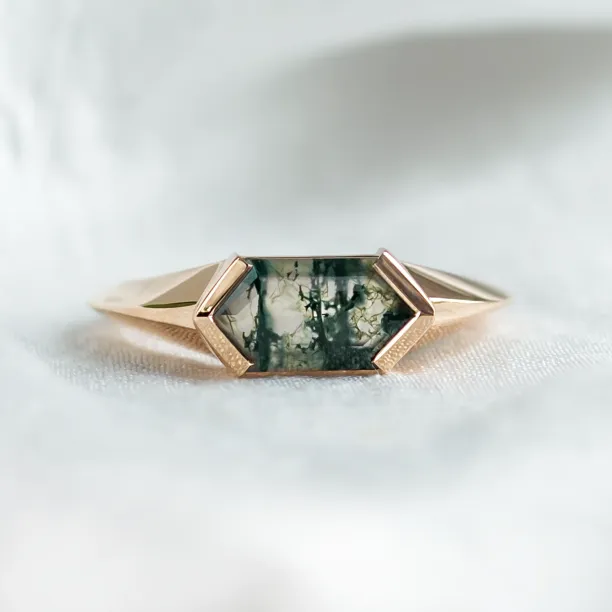Original east west ring with trendy solid bezel and hexagonal moss agate SEI Image