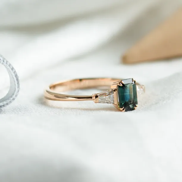 Estate emerald cut sapphire and baguette diamond ring JENNA Image