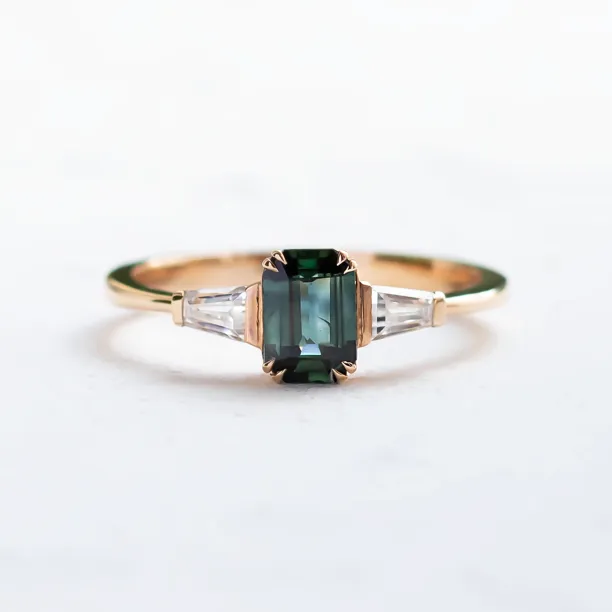 Estate emerald cut sapphire and baguette diamond ring JENNA Image