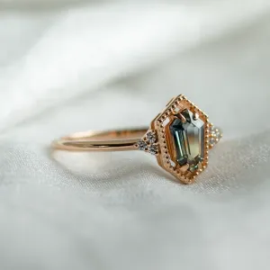 Gold vintage ring with hexagon sapphire and diamonds MAISY Thumbnail