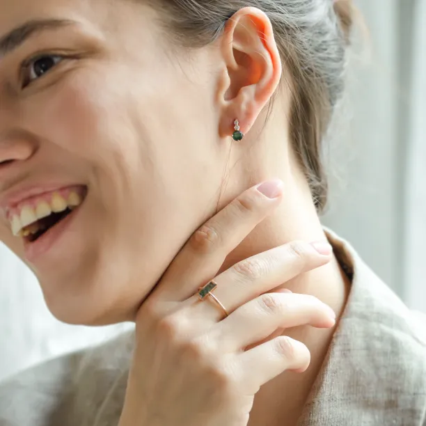Simple gold earrings with moss agates and diamonds LILIBET Image