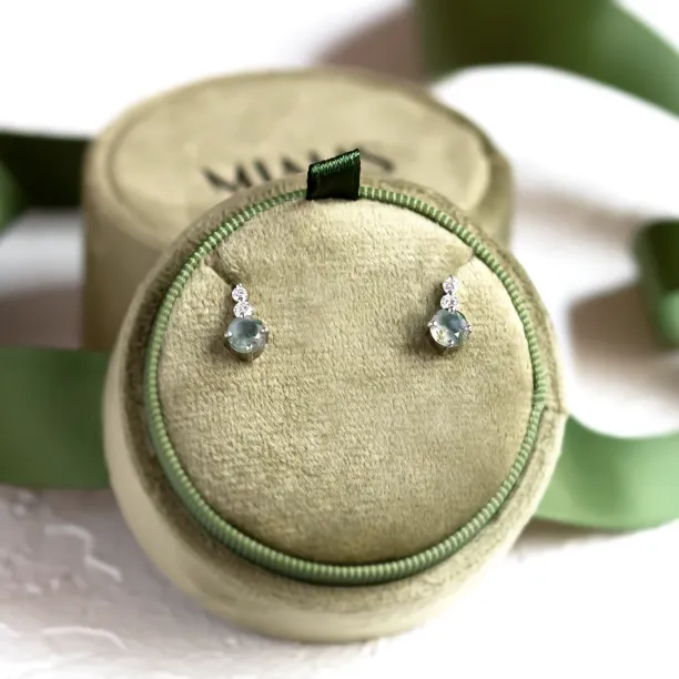 Simple gold earrings with moss agates and diamonds LILIBET Image