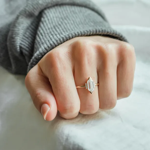 Luxury engagement ring with long hexagon cut moissanite and diamonds CAROL Image