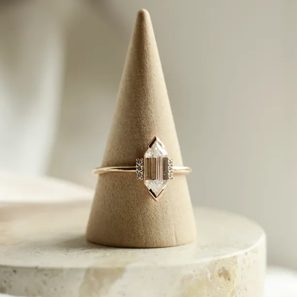 Luxury engagement ring with long hexagon cut moissanite and diamonds CAROL Image