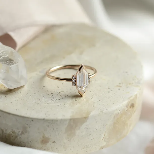 Luxury engagement ring with long hexagon cut moissanite and diamonds CAROL Image