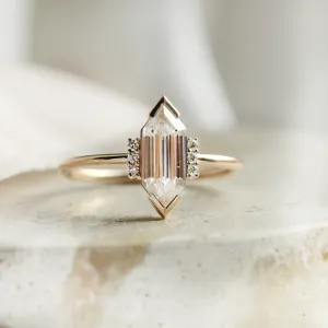 Luxury engagement ring with long hexagon cut moissanite and diamonds CAROL