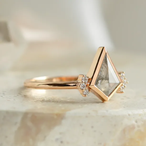 Unusual engagement ring with kite salt and pepper diamond and side diamonds KAREN Image