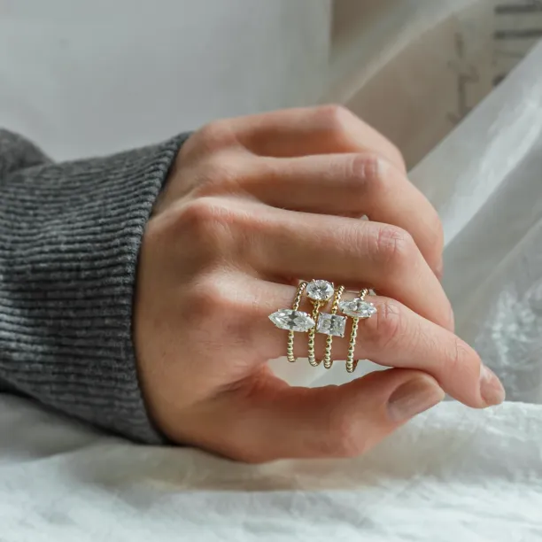 Beaded ball engagement ring with moissanite in long hexagon cut ELYSE Image