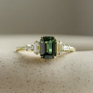 Engagement ring in vintage style with green sapphire and moissanites AISHA Thumbnail
