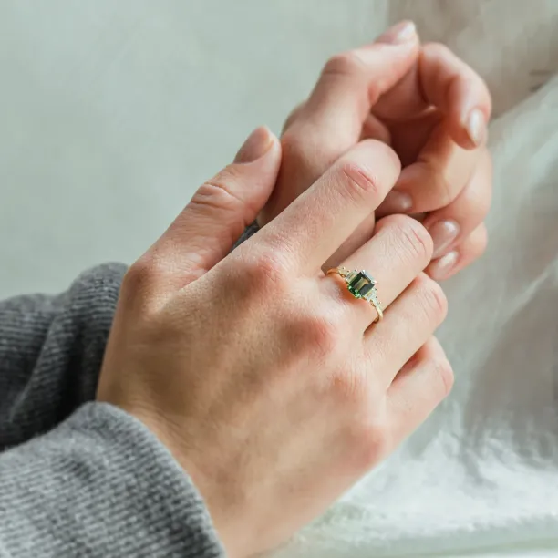Engagement ring in vintage style with green sapphire and moissanites AISHA Image