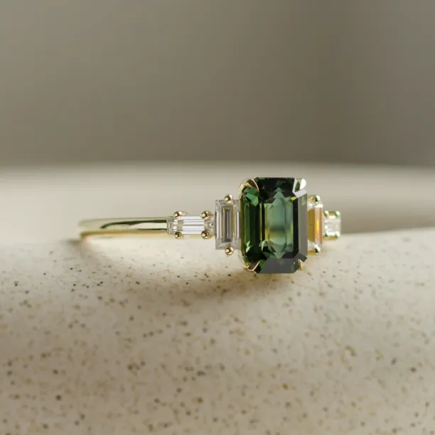 Engagement ring in vintage style with green sapphire and moissanites AISHA Image