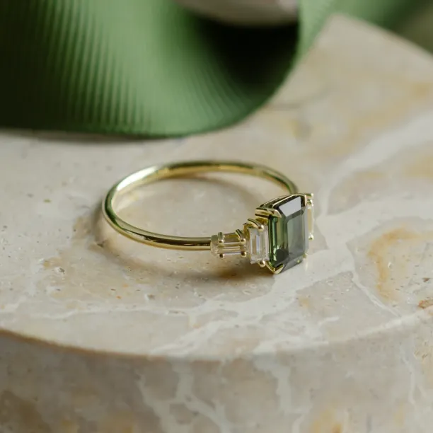 Engagement ring in vintage style with green sapphire and moissanites AISHA Image