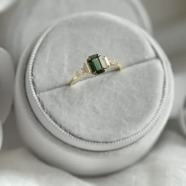 Engagement ring in vintage style with green sapphire and moissanites AISHA Image