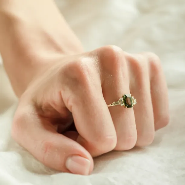 Engagement ring in vintage style with green sapphire and moissanites AISHA Image