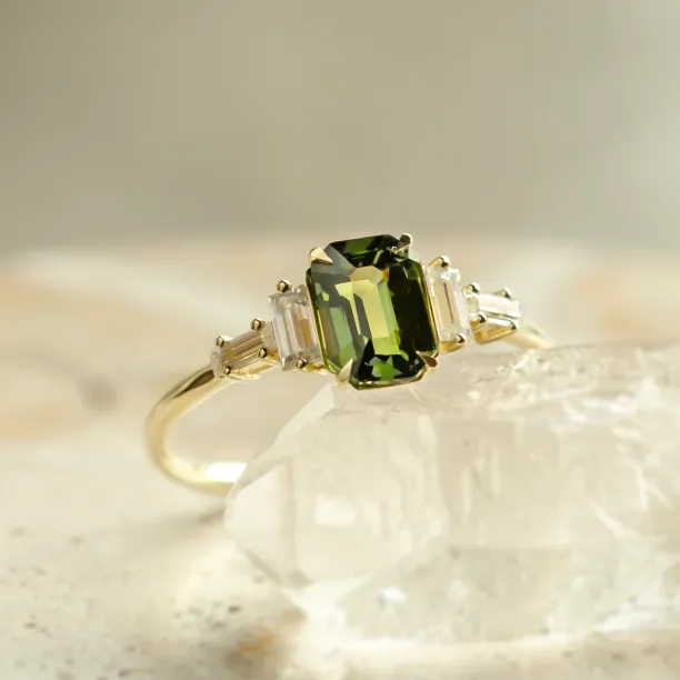 Engagement ring in vintage style with green sapphire and moissanites AISHA Image