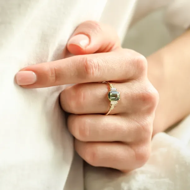 Engagement ring in vintage style with green sapphire and moissanites AISHA Image
