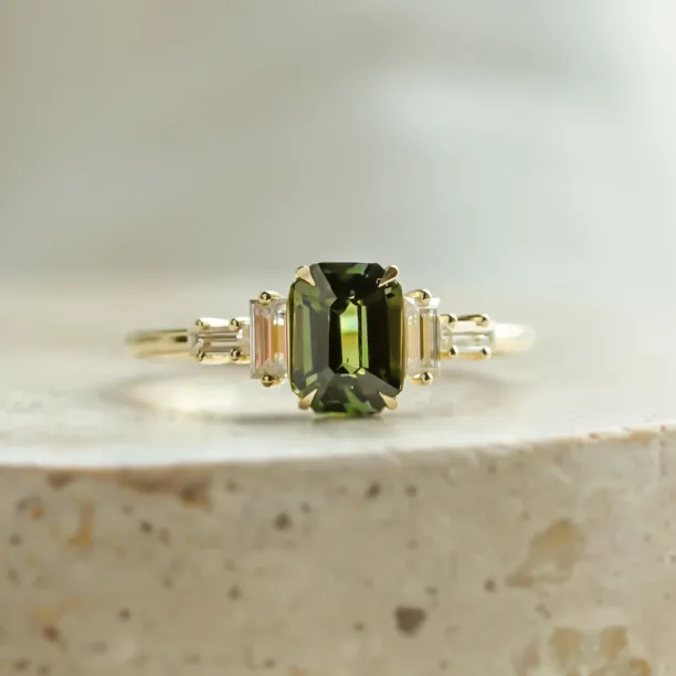 Engagement ring in vintage style with green sapphire and moissanites AISHA Image