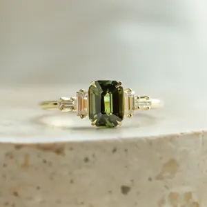 Engagement ring in vintage style with green sapphire and moissanites AISHA Thumbnail
