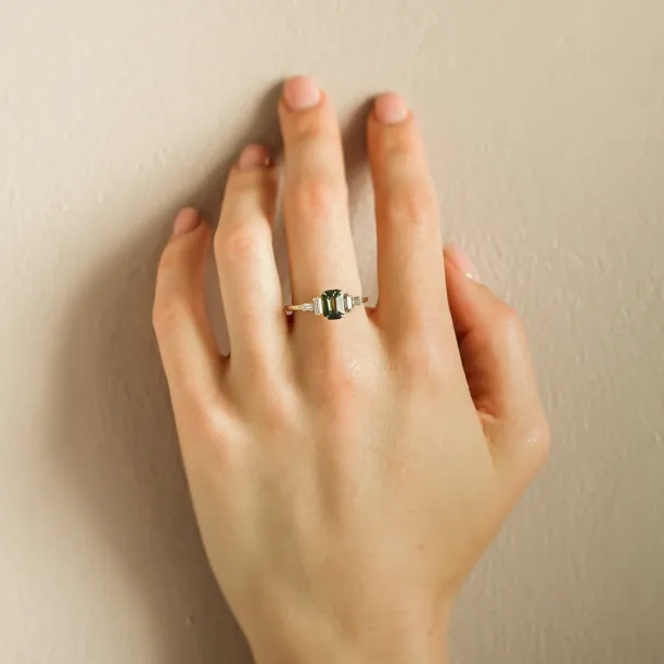 Engagement ring in vintage style with green sapphire and moissanites AISHA Image