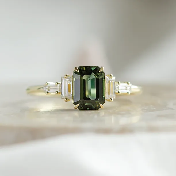 Engagement ring in vintage style with green sapphire and moissanites AISHA Image