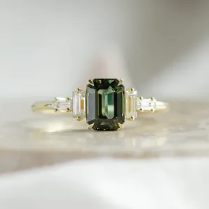 Engagement ring in vintage style with green sapphire and moissanites AISHA Thumbnail