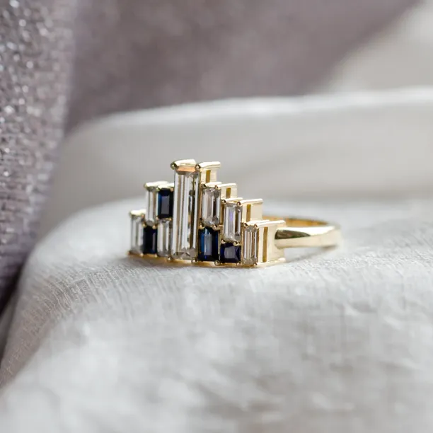 Avant-garde ring with moissanites and sapphires in baguette shape BETH Image
