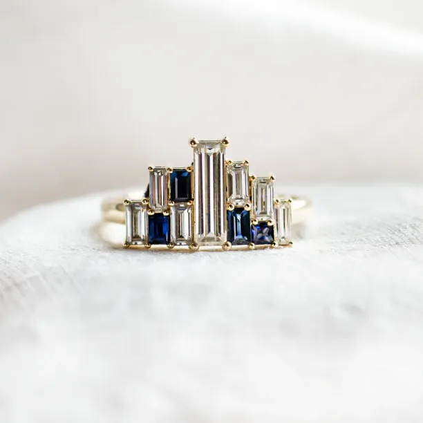 Avant-garde ring with moissanites and sapphires in baguette shape BETH Image