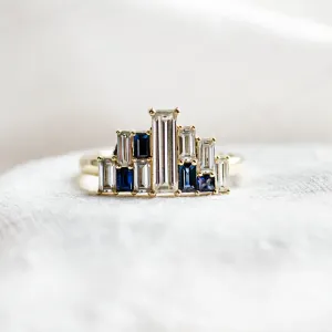 Avant-garde ring with moissanites and sapphires in baguette shape BETH