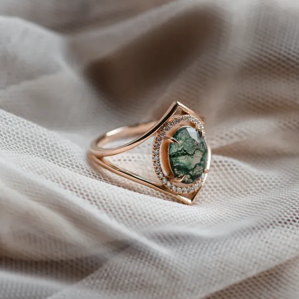 Luxury gold ring with moss agate and diamonds PINIA Image