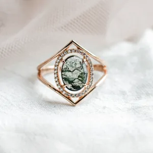 Luxury gold ring with moss agate and diamonds PINIA