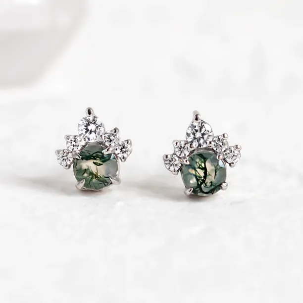 Gold earrings with moss agate and diamonds JASMINE Image