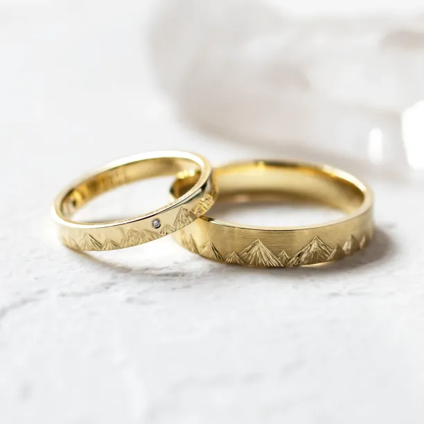Wedding bands with mountains engraving and diamond HIKE Image