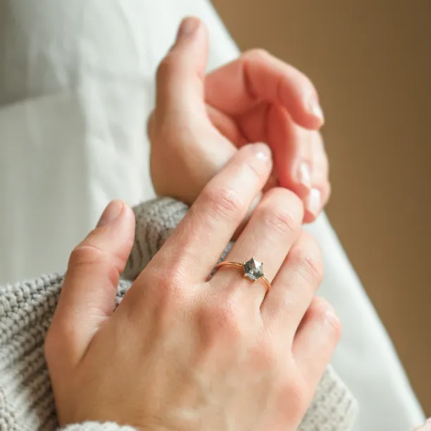 Minimalist ring with hexagon salt and pepper diamond SIXTA Image