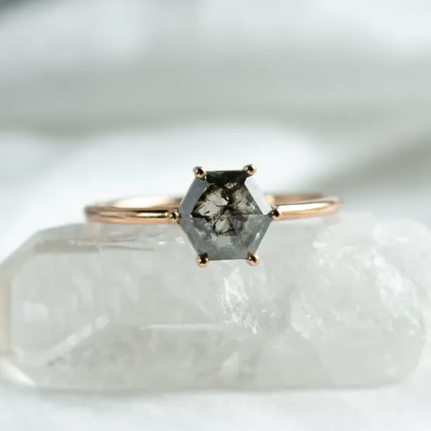Minimalist ring with hexagon salt and pepper diamond SIXTA Image