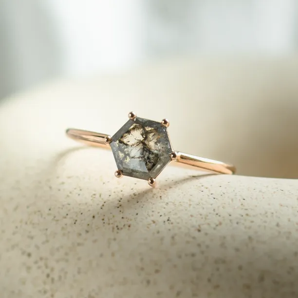 Minimalist ring with hexagon salt and pepper diamond SIXTA Image
