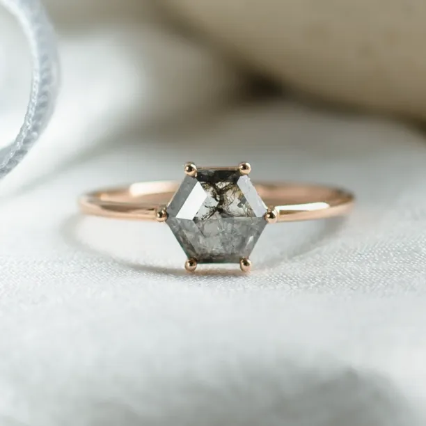 Minimalist ring with hexagon salt and pepper diamond SIXTA Image